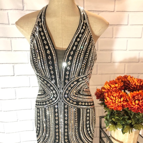 MON CHERI Ellie Wilde Halter neck glass beads formal mermaid long gown - Picture 4 of 14